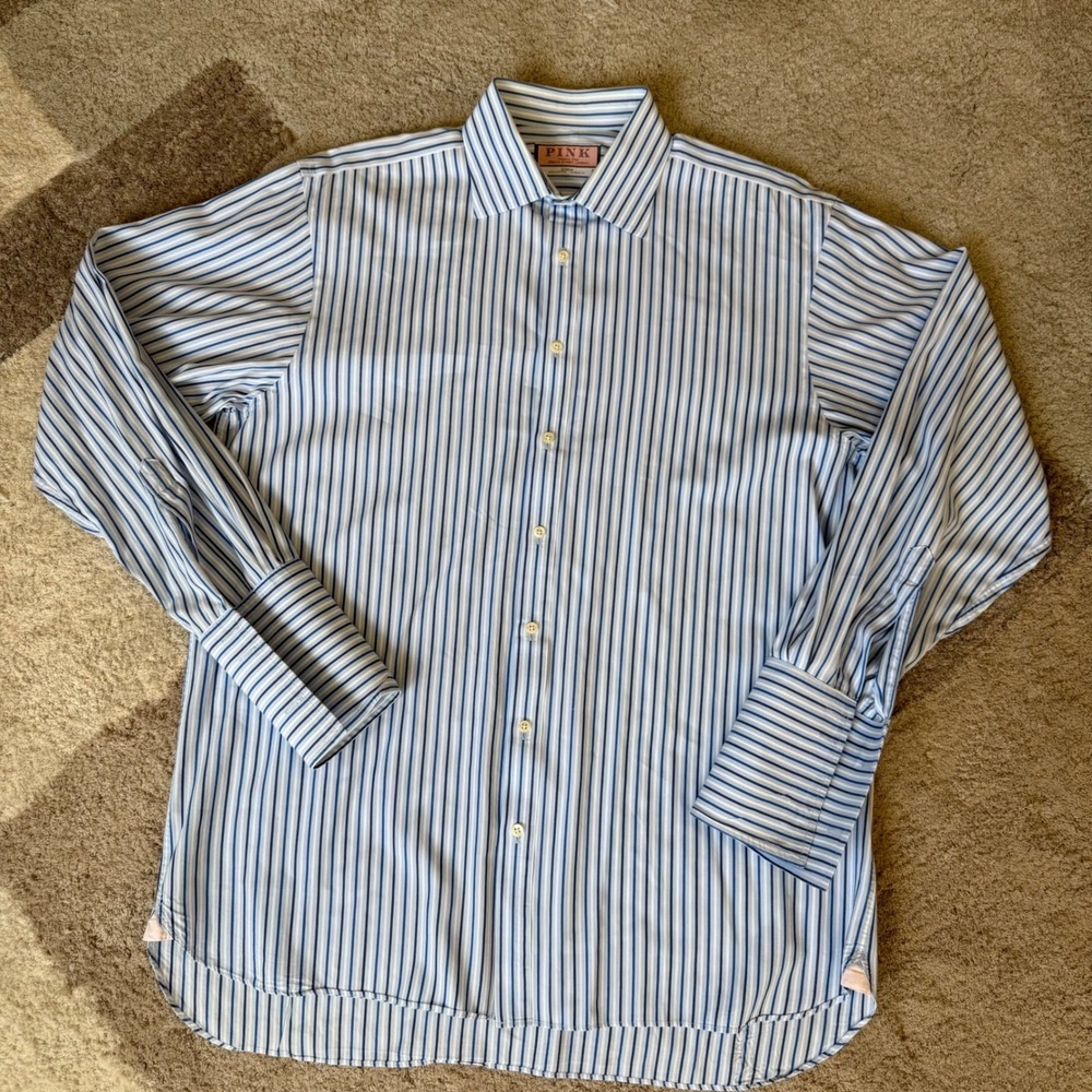 Thomas Pink Mens Dress Shirt 16.5 35 Blue White Stripe French Cuff Made in UK